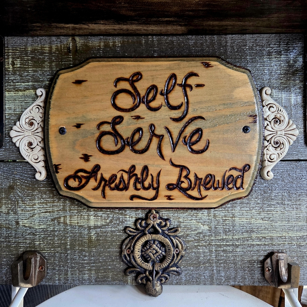 Handmade Rustic Coffee Bar Wall Decor With Hooks Along Bottom & Live Edge Shelf! - Picture 6 of 16